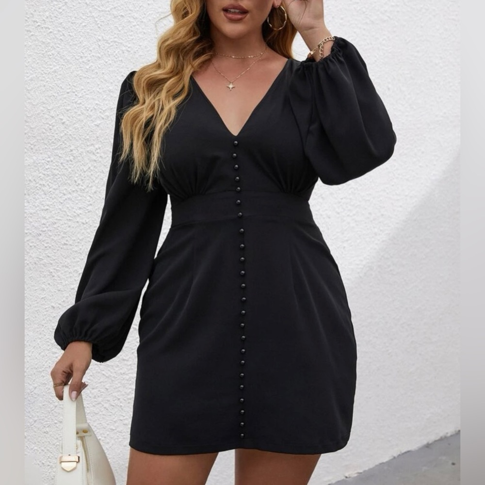 Plus Single Breasted Ruched V Neck Dress